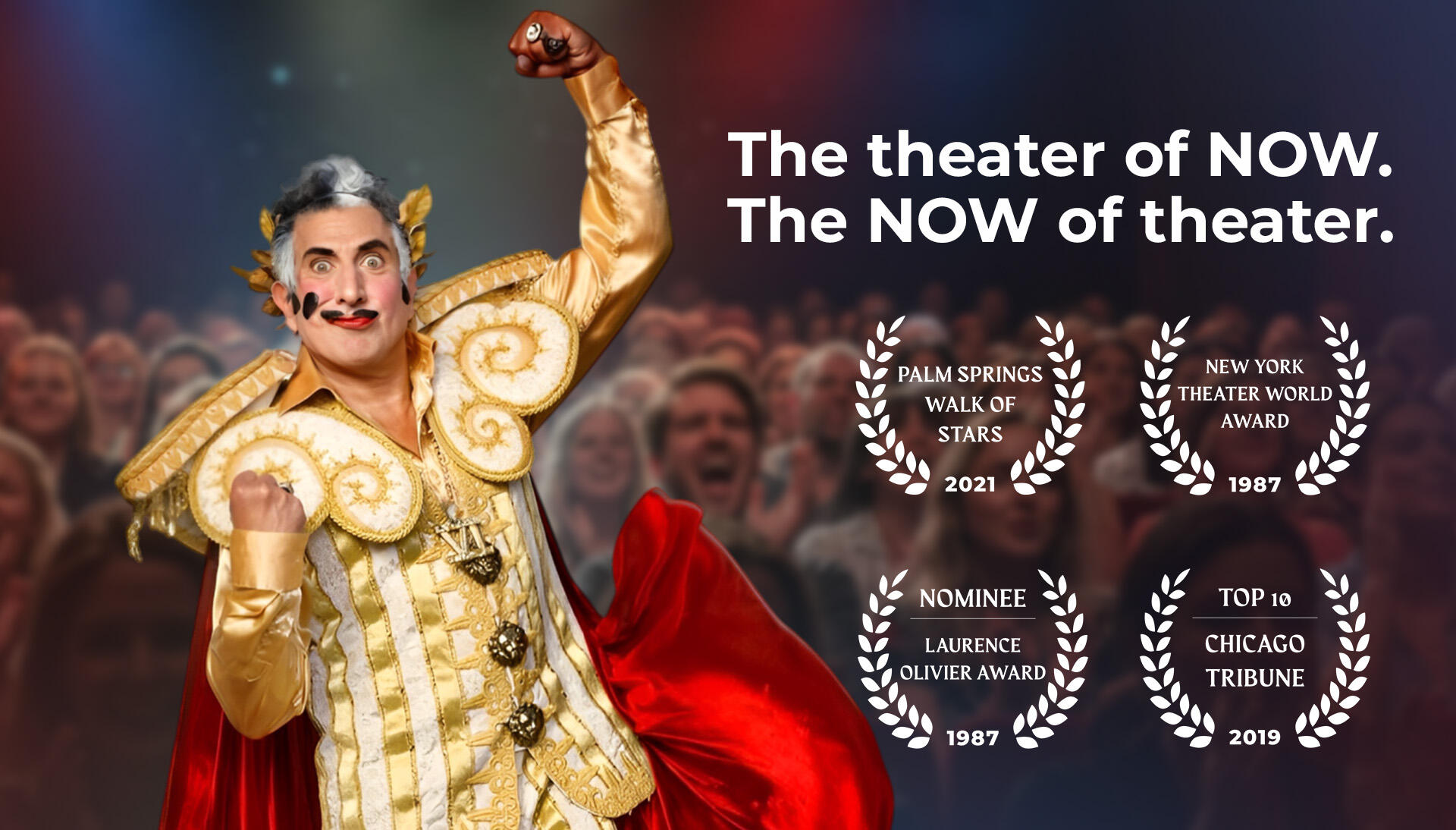 Frank Ferrante in theatrical costume with crowd and awards